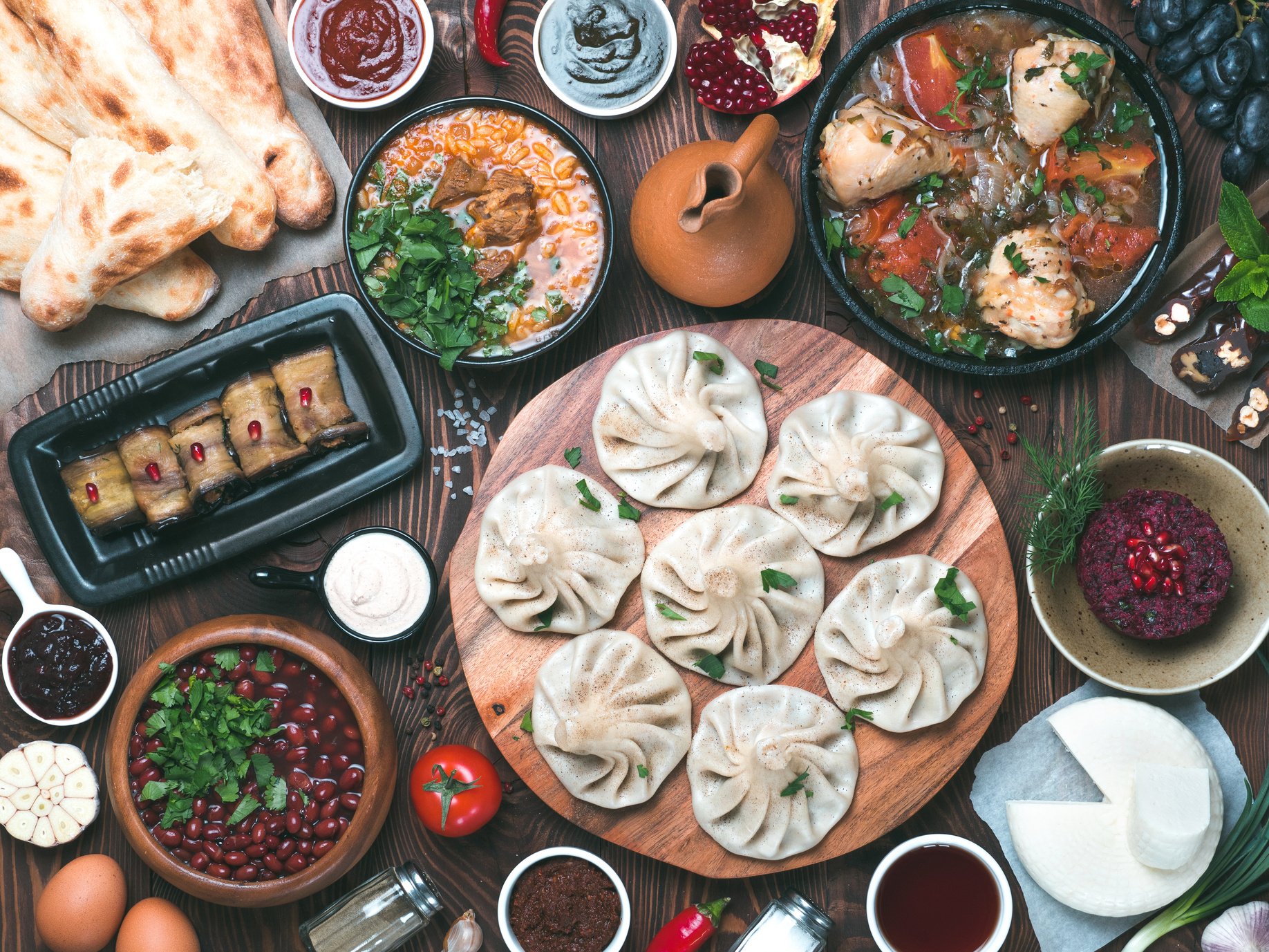 Georgian Cuisine on Wooden Table